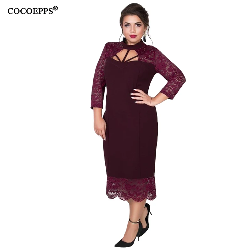 COOEPPS Осеннее женское платье кружевное с вырезом зимнее Vestidos большой размер