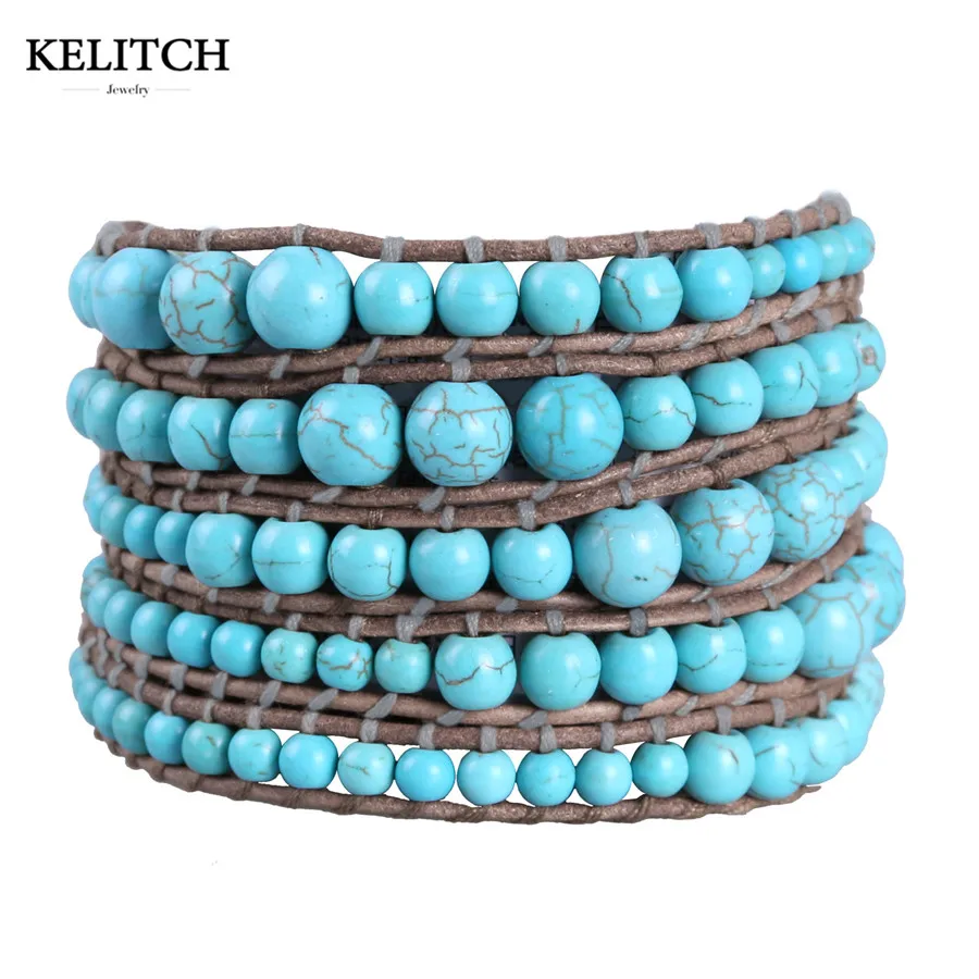KELITCH новые летние пляжные кожаные браслеты Bijoux большая нить с каменными бусинами