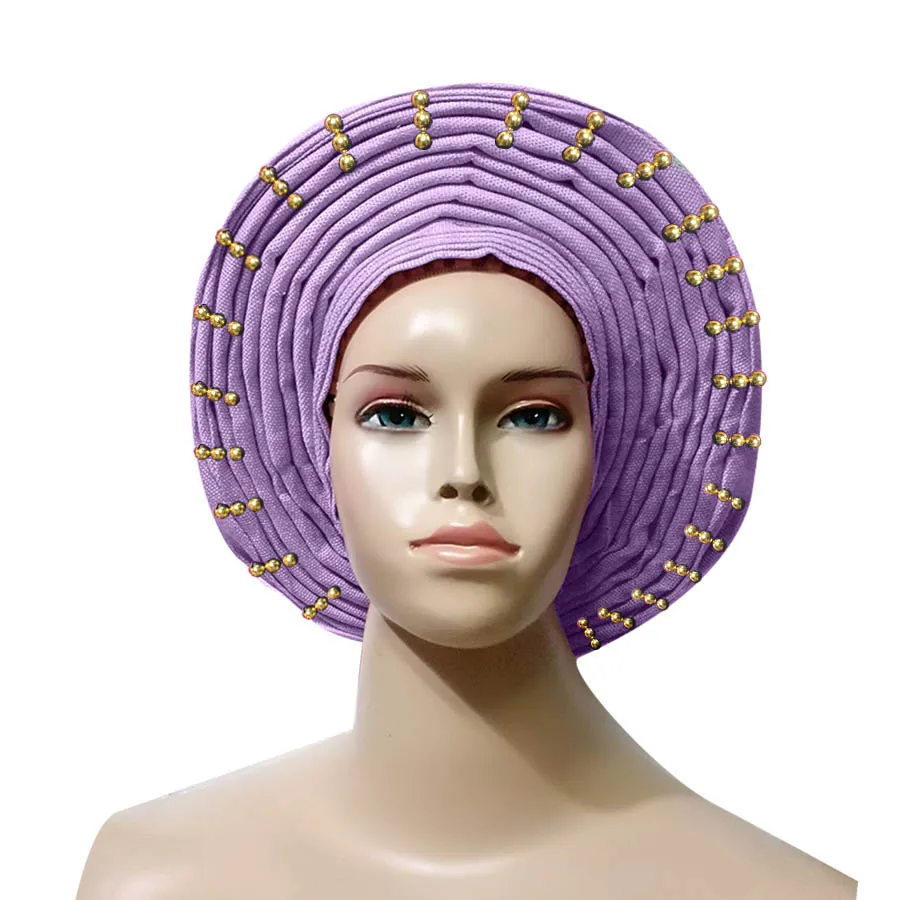 Aso oke головной убор с бисером aso oke нигерийский головной убор aso ebi африканский геле Авто геле Африканский головной убор с золотыми бусинами - Цвет: lilac