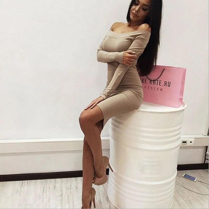 Новое Осеннее женское платье с вырезом лодочкой длинным рукавом Сексуальная