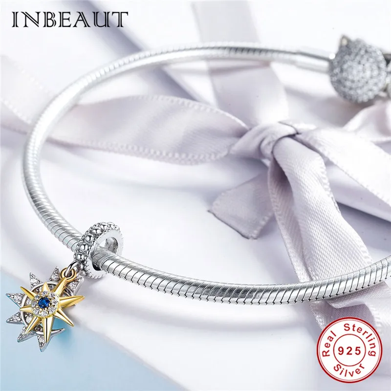 INBEAUT 100% 925 пробы серебряный романтичный со звездой Синий Циркон бусины золотой
