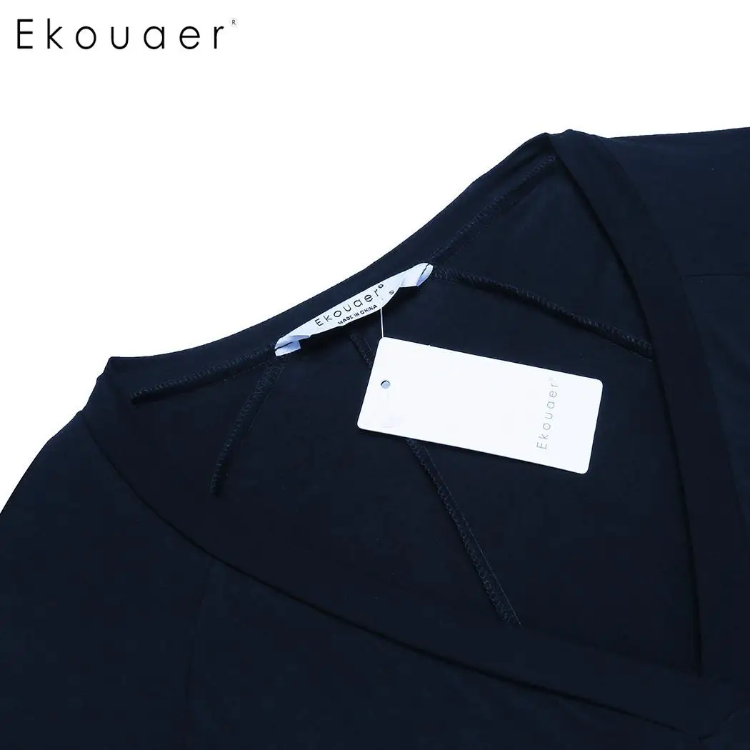 Ekouaer Women Long Sleep Dress Nightdress V-Neck 3/4 Sleeve Solid Pocket Nightgown Lady Loose Sleepshirts Nightwear Plus Size | Женская
