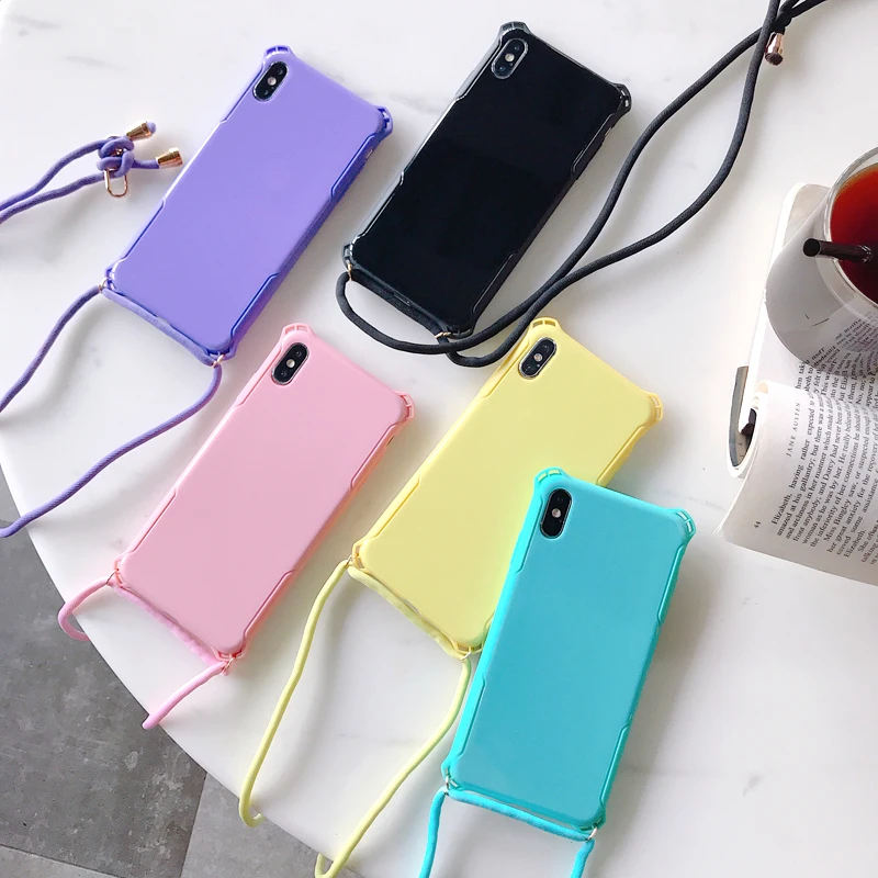 Простой чехол карамельного цвета для iPhone 11 Pro XS MAX X XR 8 7 6 S Plus сплошной цвет Пластиковый ударопрочный Твердый чехол с плечевым ремнем