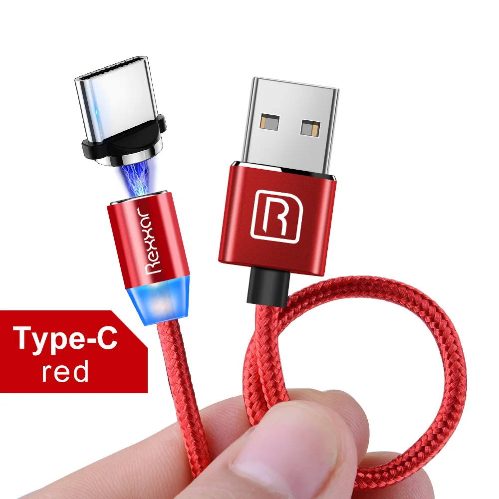 Red Type C Rexxar, магнитный кабель для iPhone, samsung, быстрая зарядка, Micro USB кабель, шнур, магнитное зарядное устройство, usb type C, 1 м, 2 м, кабели для мобильных телефонов - Цвет: Red Type C