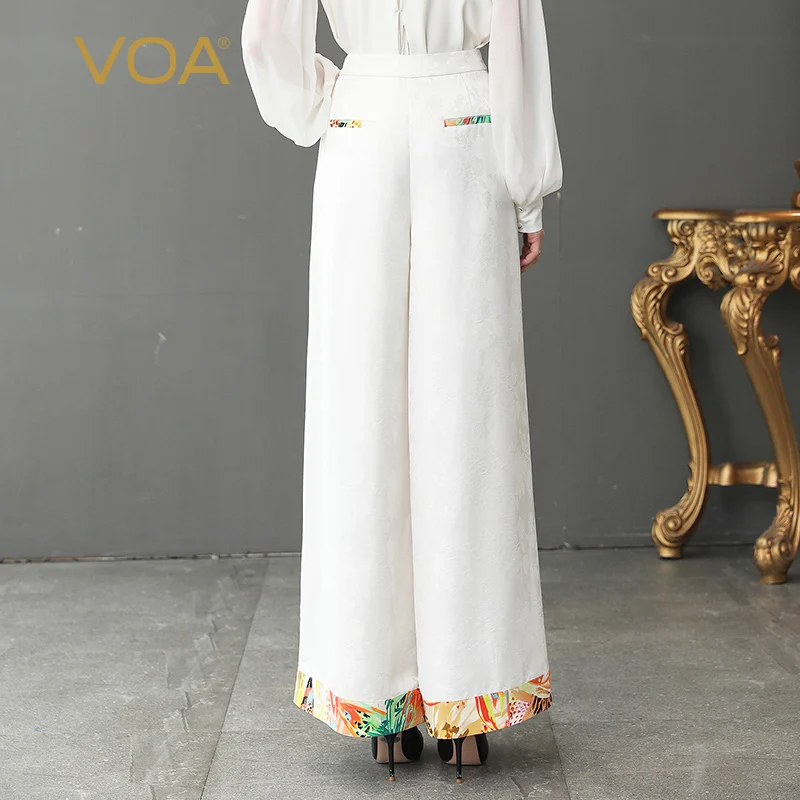 VOA тяжелый шелк Boho Белый Палаццо широкие брюки женские длинные брюки плюс размер свободный крой, повседневный пляжный офисный формальный Высокая талия K382