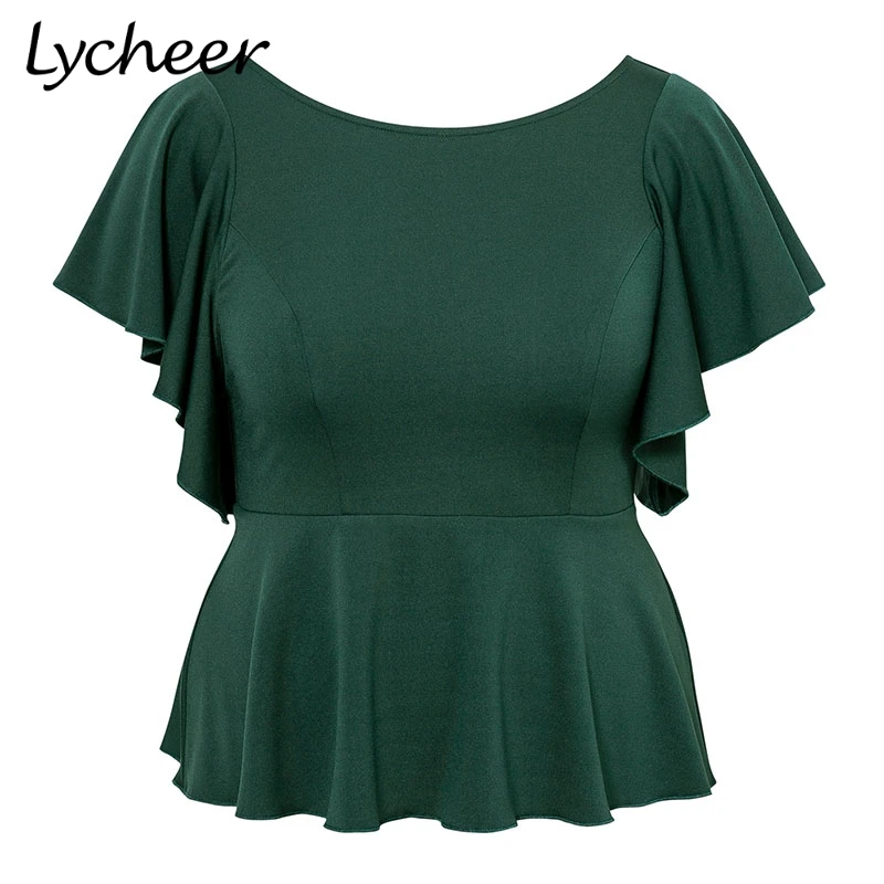 Dark Green Lycheer размера плюс, женские топы, блузки, рубашка, элегантный гофрированный топ, рубашка, женский короткий рукав, одноцветная, высокая талия, баска, блузка - Цвет: Dark Green