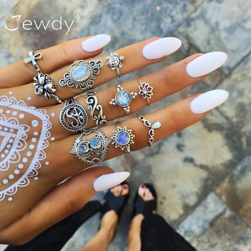 50 стилей Boho Панк для женщин полые треугольные капли воды стрелка солнце драгоценный камень кристалл набор серебряных колец личность девушка ювелирные аксессуары