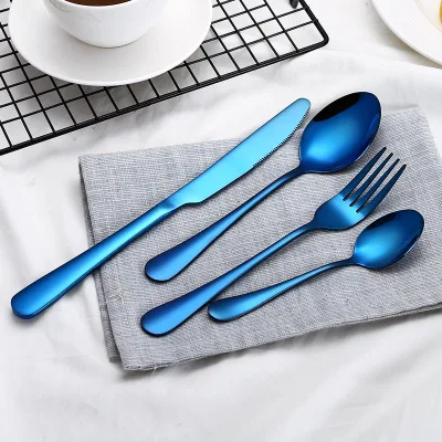 blue Роскошный винтажный набор столовых приборов из нержавеющей стали 304 цвета: черный, розовый, золотой, синий, столовые приборы, набор посуды, столовый нож, вилка, чайная ложка, 4 шт - Color: blue