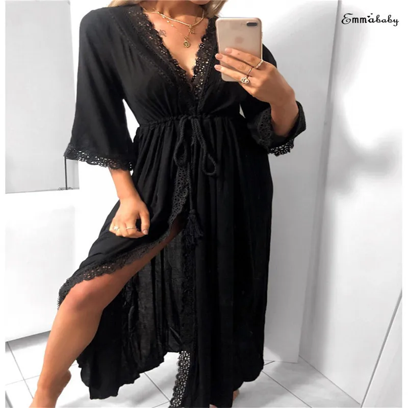 Фото 2019 Fashion Women Deep V Long Sleeve Kimono Dress Shawl Cardigan Loose Sleep Wear Lace SleepWear Silk Nighty Sleeping Женская одежда 2019 Fashion Women Deep V Long Sleeve Kimono Dress Shawl Cardigan Loose Sleep Wear Lace SleepWear Silk Nighty Sleeping Женская одежда