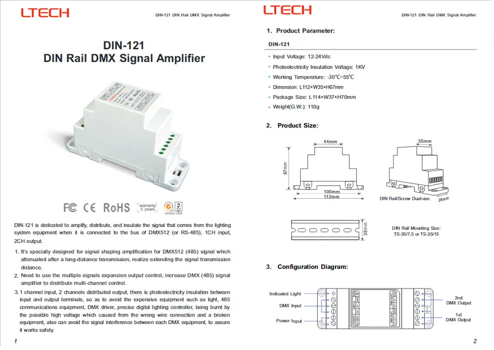 LTECH DIN-121 din-рейка DMX усилитель сигнала входное напряжение DC12-24V | Лампы и освещение