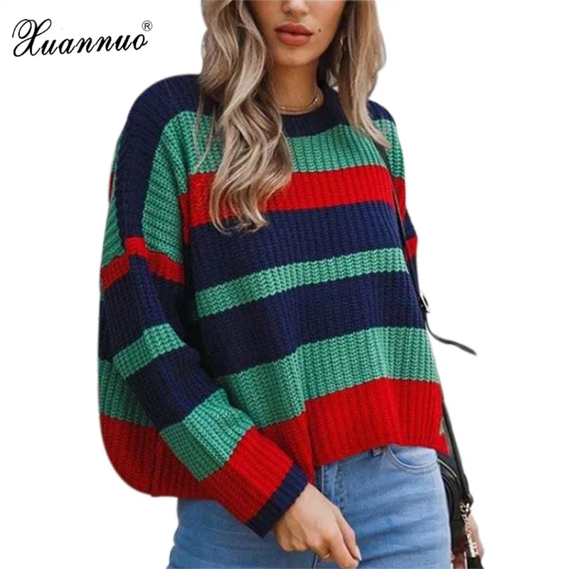 XuanNuo Women Sweater Autumn Winter Casual O-Neck Female Striped Long Sleeve Slim Knitted Pullover 2018 Fashion | Женская одежда