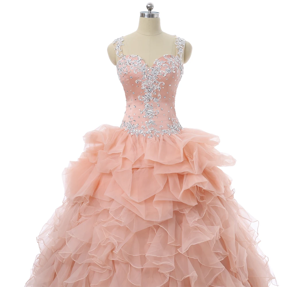 Персиковое недорогое бальное платье Quinceanera милое из органзы с кружевной