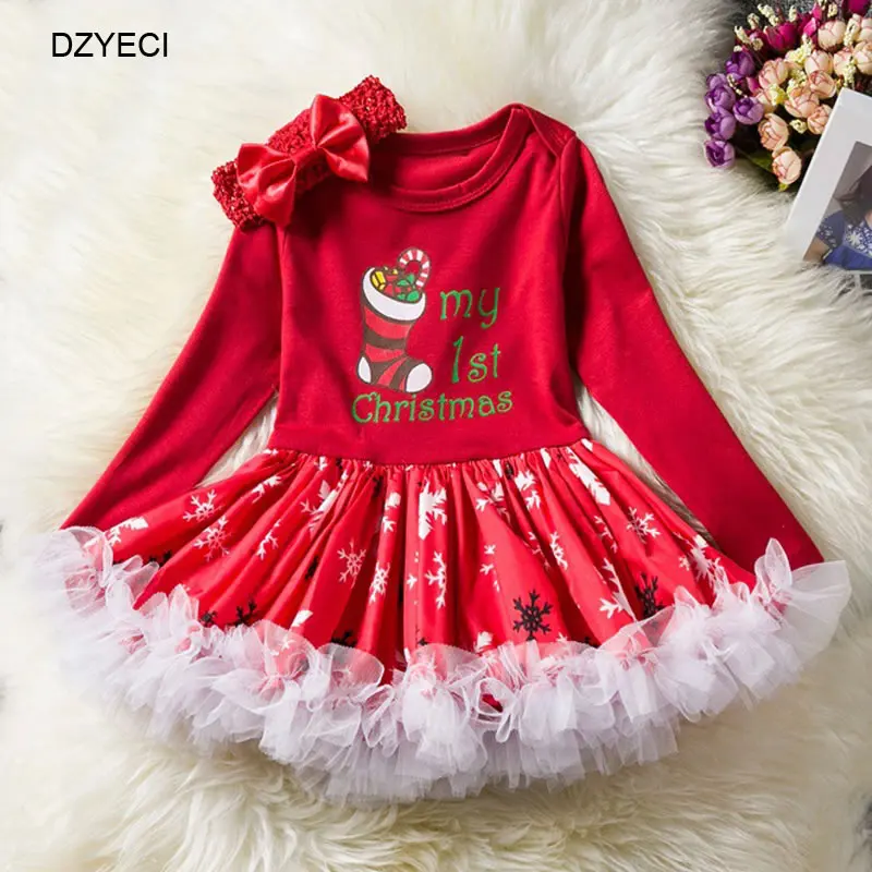 DZYECI мой первый Рождественский Костюм Для Bebe, комплект для девочек, один год, наряд для малышей, новое платье Bron G 1st, повязка на голову, костюм для детей