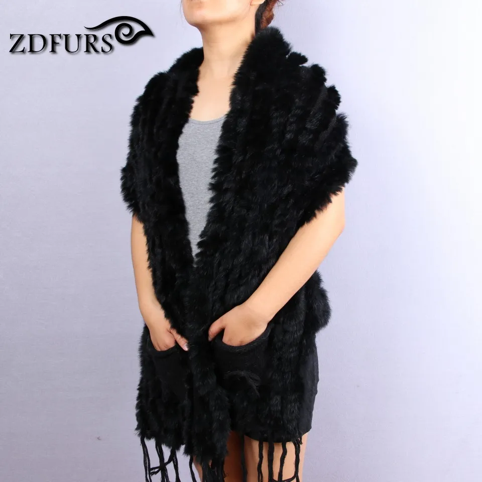 ZDFURS* Лидер продаж, модная шаль из кроличьего меха, вязаный жилет из кроличьего меха с карманом, свитер из кроличьего меха, жилет, пончо, ZDKR-165004