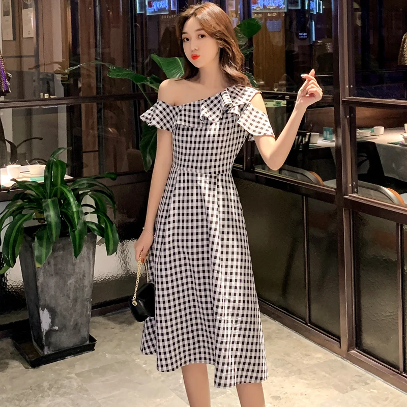 JIBAIYI Black Plaid One Shoulder Elegant Dresses Vintage Ruffle Slash Neck Women Summer Dress High Waist Bodycon Sexy Sundress | Женская