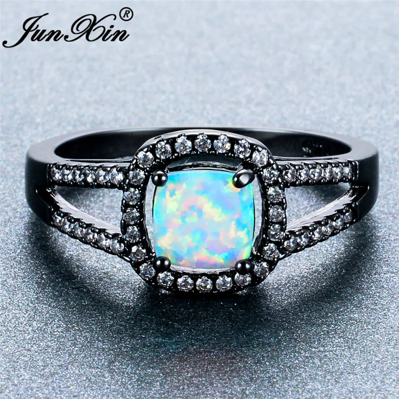 

JUNXIN New Retro Double Row Round AAA Zircon Hollow Black Gold Filled Wedding Ring Square White Fire Opal Rings For Women Gift