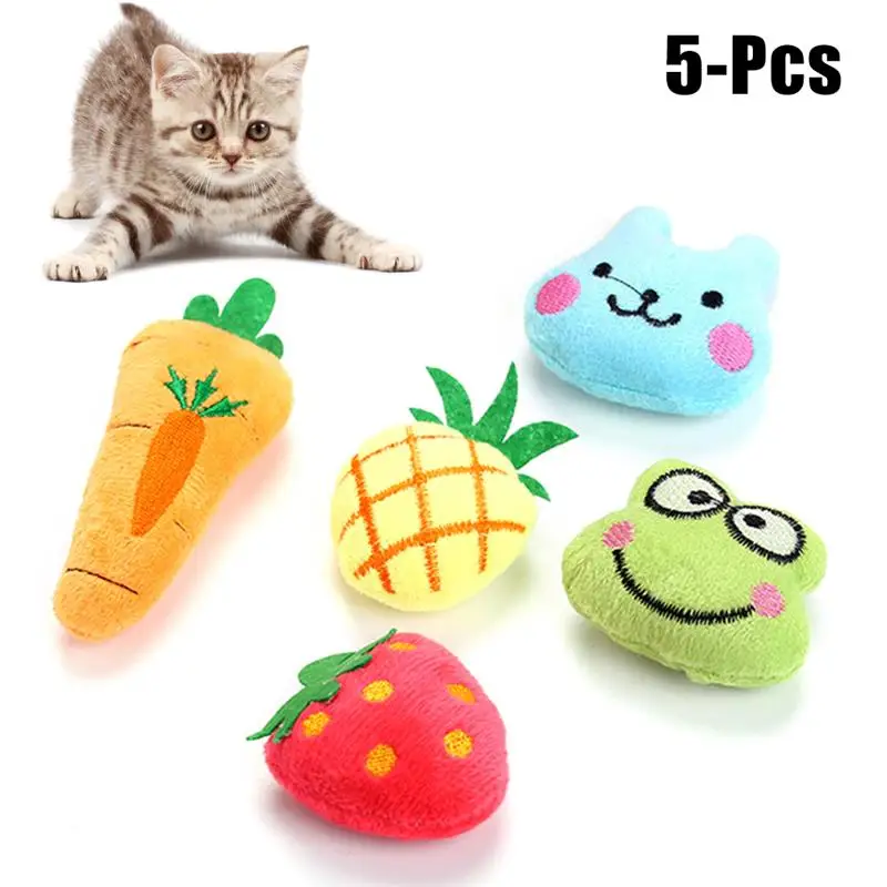 Mini Pet Toys Supplies 5Pcs Funny Cute Cat Toys Pineapple Strawberry Carrot Frog Bear Dolls Interactive Kitten Toys Catnip Toys