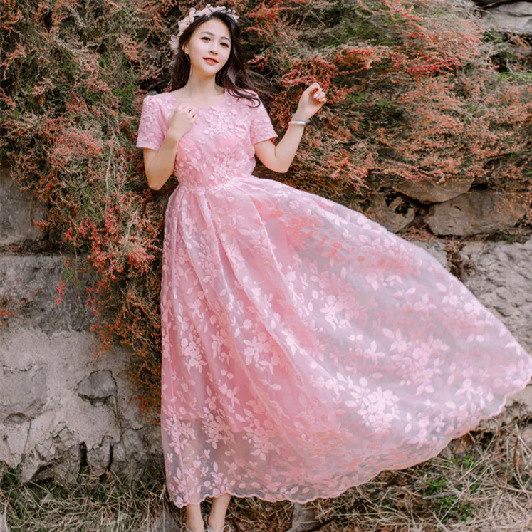 2019 Новое модное женское платье с круглым вырезом и коротким рукавом кружевное
