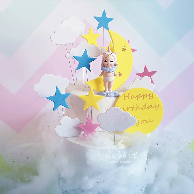 Синий желтый розовый Звезда Луна винт шар дерево торт Топпер Для детей день