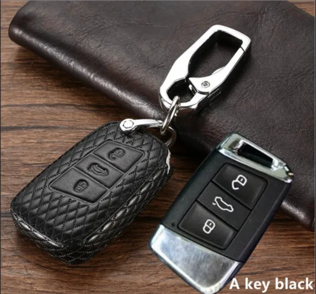 A key black Автомобильный кожаный чехол для ключей, держатель для VW MK7 Tiguan Bora Golf R Passat Caddy Seat Altea Alhambra Ibiza для Skoda Octavia A5 A7 Kodiaq - Название цвета: A key black