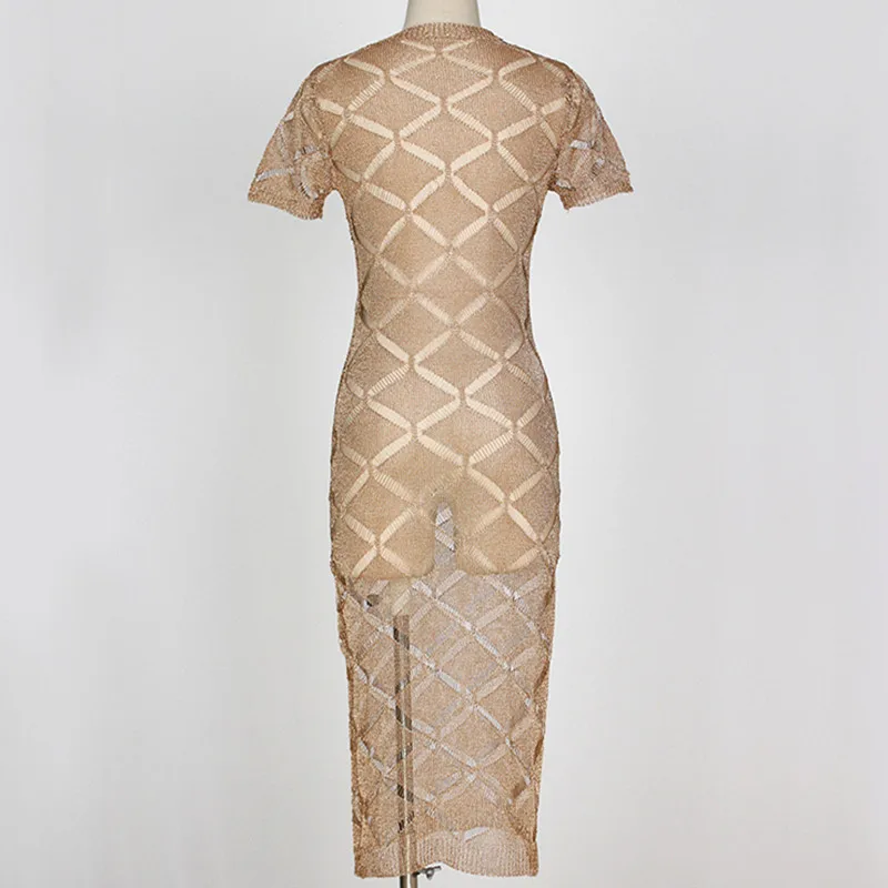 Hot Sexy Perspective Nightclub Dress Summer Knitting Hollow Out Women Gold Rose Gray O-Neck Short Sleeve Pencil Dres | Женская одежда
