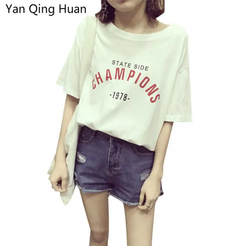 Ян Цин Хуан 2019 летние новые популярные футболки с буквенным принтом Харадзюку корейские версии топы с круглым вырезом Женская футболка с коротким рукавом Ян Цин Хуан 2019 летние новые популярные футболки с буквенным принтом Харадзюку корейские версии топы с круглым вырезом Женская футболка с коротким рукавом