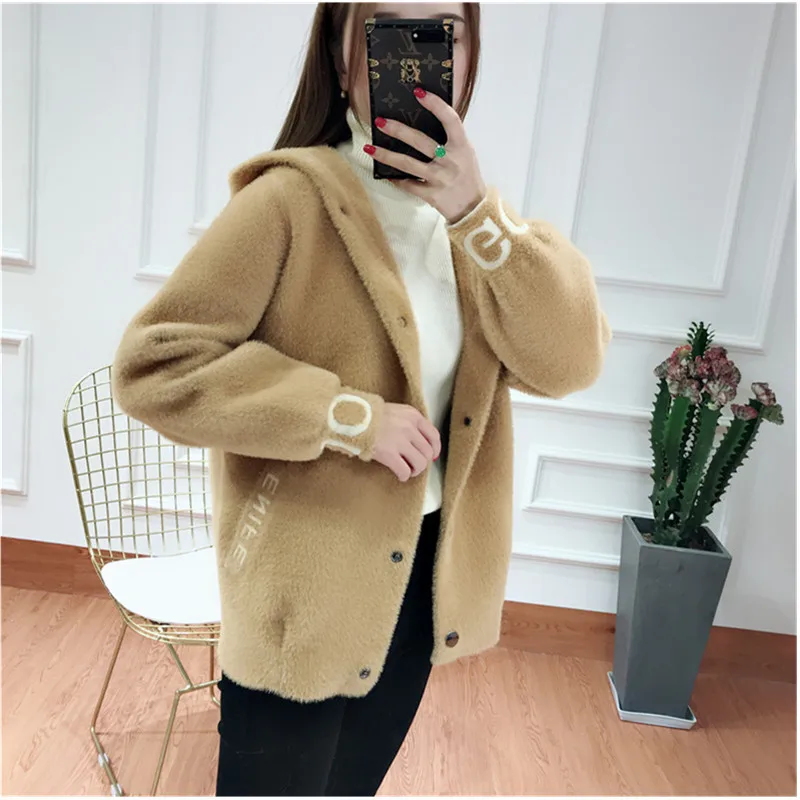 

Korea Imitation Water velvet Sweater women's cardigans Autumn Winter ladies coat knitting Sweater student Hooded New Tops 989