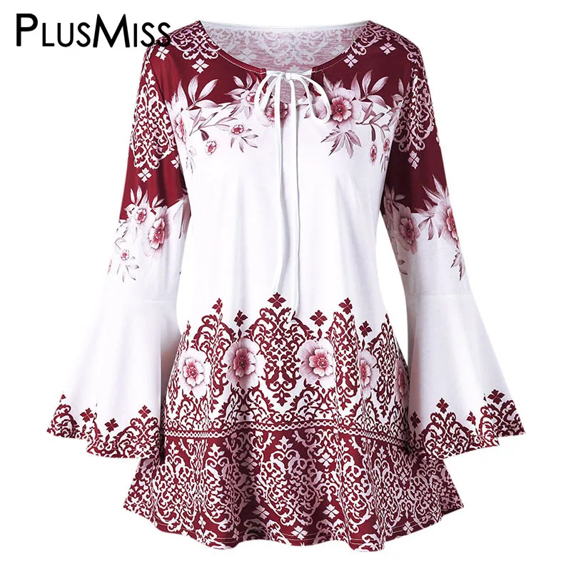 PlusMiss размера плюс 5XL Винтаж в этническом стиле Бохо пляжное блузка женская одежда