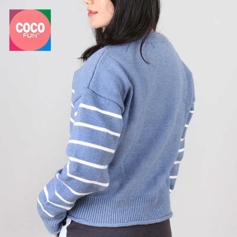 Женский трикотажный пуловер COCOFUN вязаный в полоску с длинным рукавом и круглым
