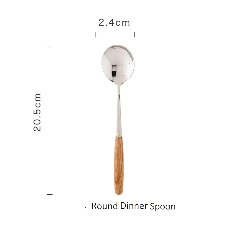 Round dinner spoon 1 шт. набор посуды столовые приборы с деревянной ручкой из нержавеющей стали набор столовых приборов столовая вилка нож ложка круглая овальная ложка десертный нож для масла ложка - Цвет: Round dinner spoon