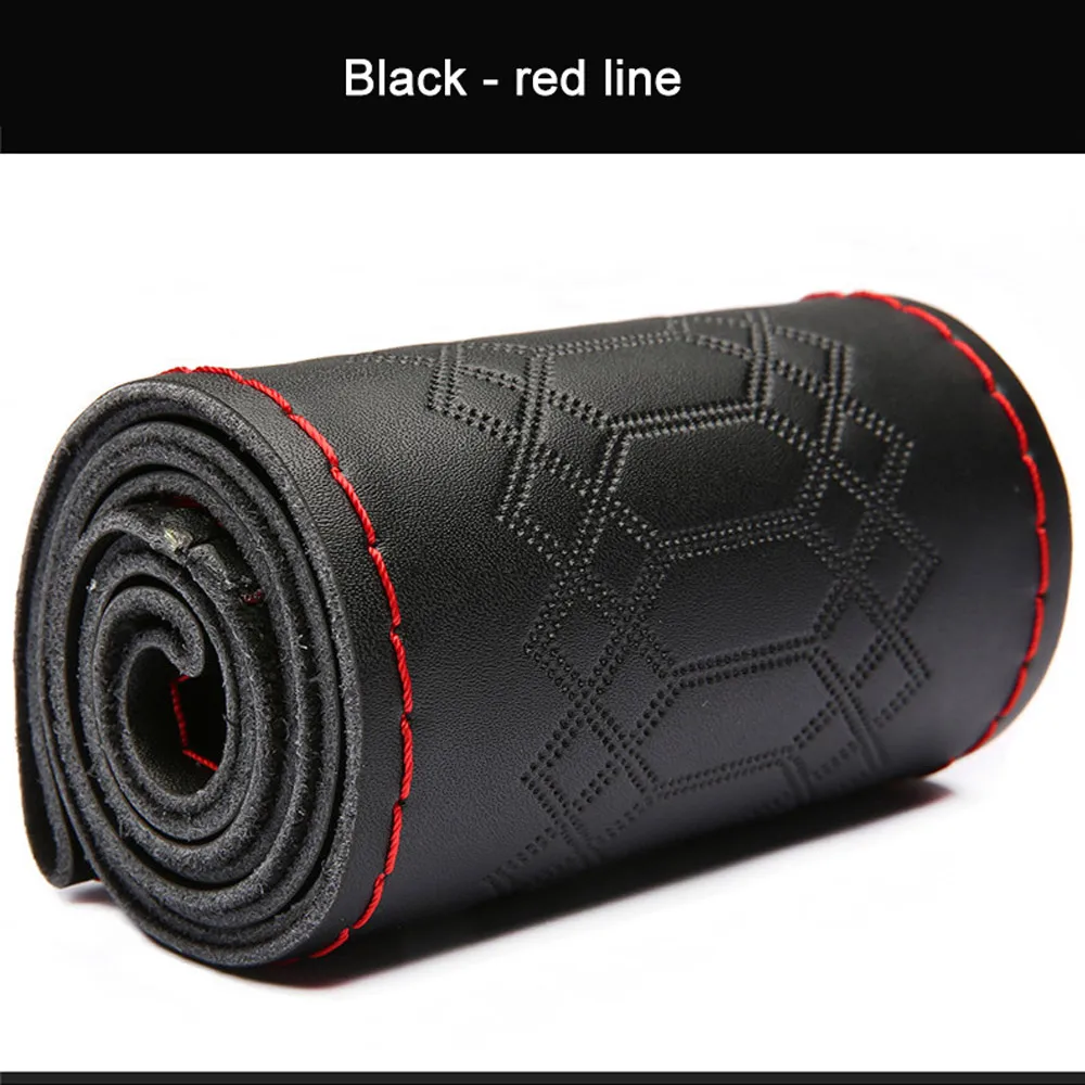 black-red line Кожаные чехлы ручной работы на руль, модные тисненые 38 см универсальные чехлы из натуральной коровьей кожи для автомобиля, Нескользящие износостойкие - Название цвета: black-red line