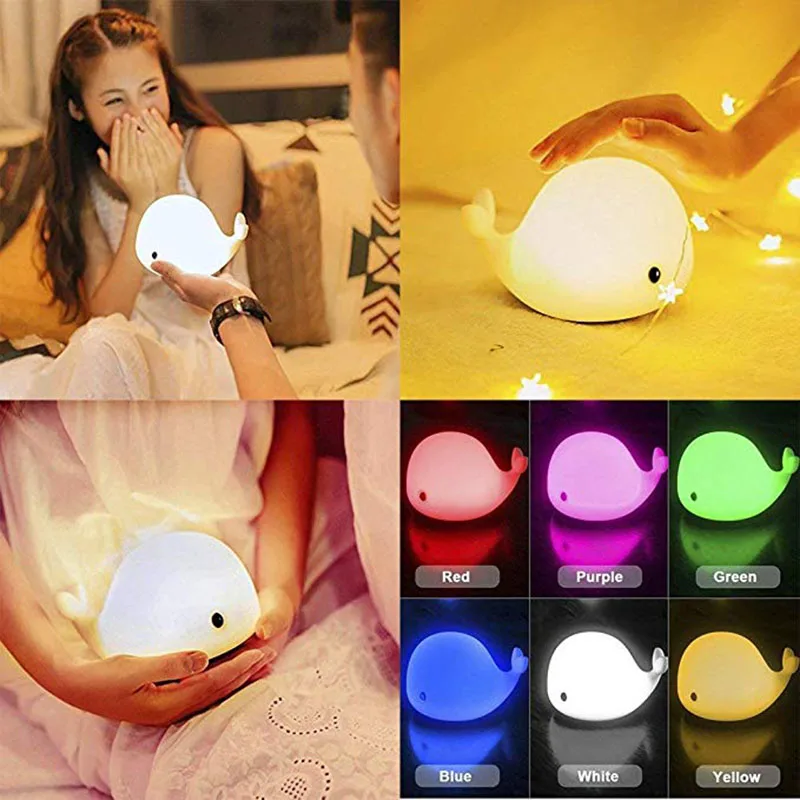 Silicone Cute Dolphin Night Lights USB Rechargeable LED Table Lamps Colorful Sensitive Tap Control Light For Kids Gifts | Лампы и