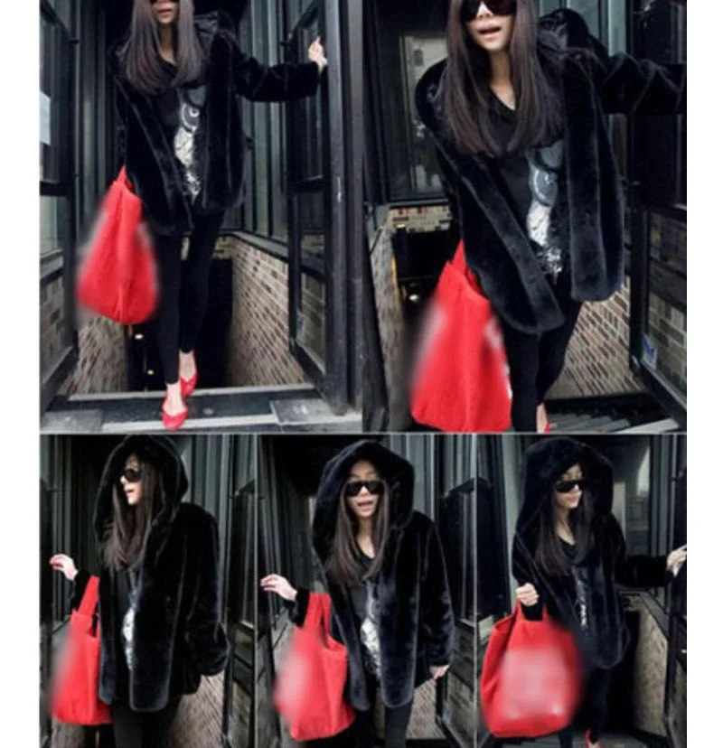 Женское теплое пальто с капюшоном черное Свободное из искусственного меха