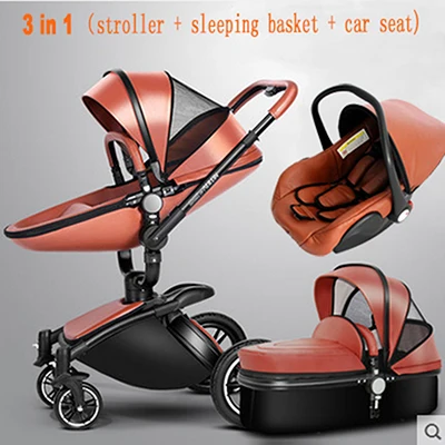 brown 3 in 1 AULON 3 в 1, детская коляска, вращающаяся на 360 градусов, с золотой рамкой, полиуретановая коляска, Европейское безопасное автокресло с люлькой для новорожденных - Цвет: brown 3 in 1