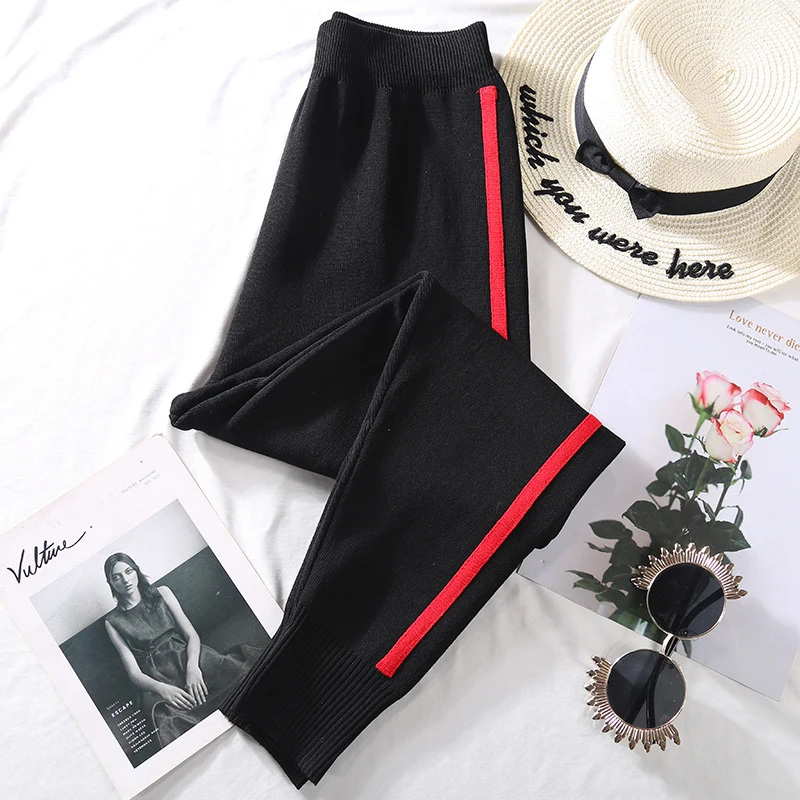 Autumn Knitted Harem Pants Women Women's Drawstring Wide Leg Pants Outdoor Comfy Casual Elastic Waist Pants with Pockets