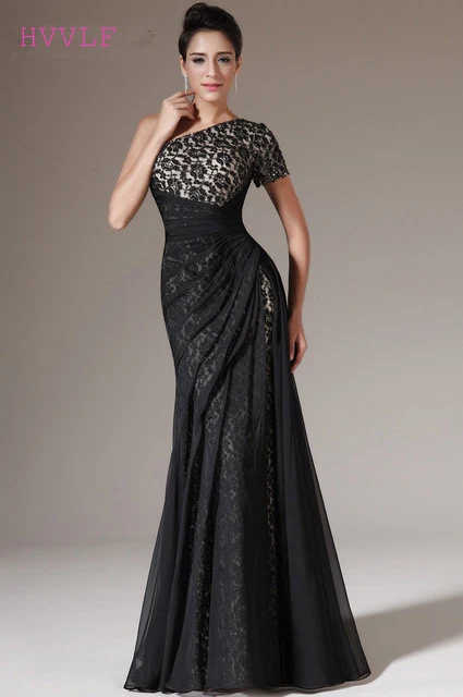 Черное вечернее платье Русалочки с одним плечом и рукавами крылышками шифоновое