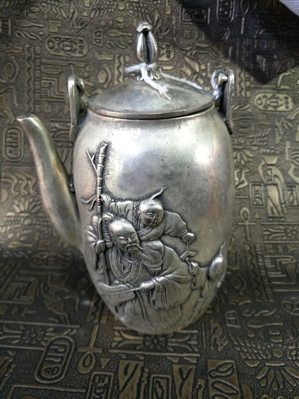 Старинный серебряный чайный горшок MingDynasty резной с персонажами ручная роспись