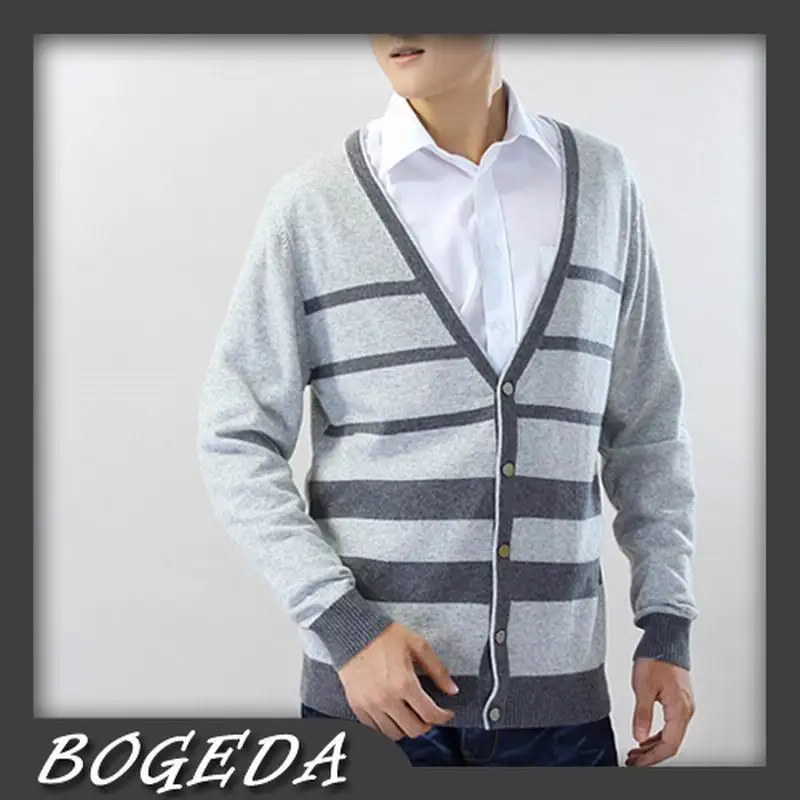 Cashmere Sweater Men 's Cardigan V neck Gray Striped Fashion Style High Quality Natural fabric Free shipping Stock Clearance