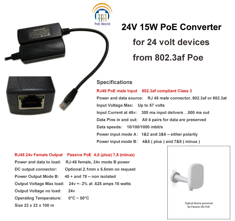 24 В 15 Вт PoE конвертер для MikroTik и Ubiquiti PoE устройства, PoE сплиттер для 24 вольт устройств от 802.3af