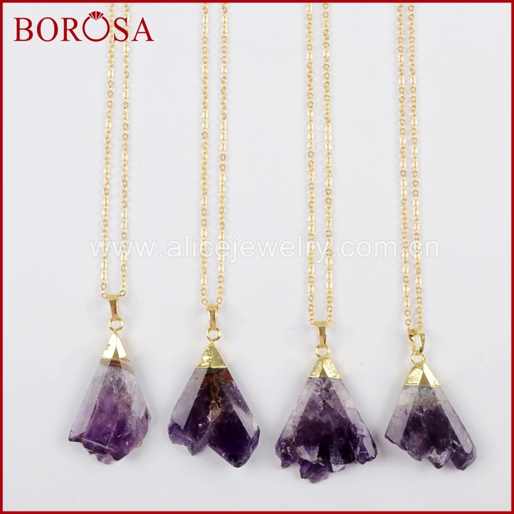 

BOROSA 5 Strands Pendant Necklaces, Gold Color Natural Purple Crystal 18Inch Link Chain Necklace for Women Men Jewelry WX894-N