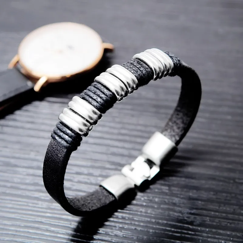 Black Braided Leather Multilayer Wrap Weave Bracelets for Men Stainless Steel Magnetic Clasp Punk Cuff Bangles Jewelry | Украшения и