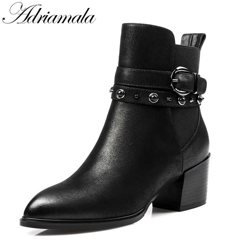 2017 острый носок толстый каблук Ботильоны из натуральной кожи для Осенне-зимняя