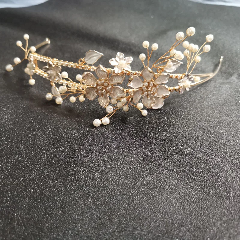 SLBRIDAL золотые стразы жемчуг цветок лист свадебная тиара головная повязка корона