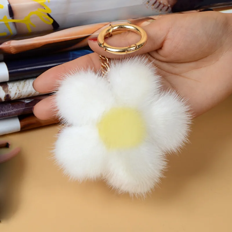 Роскошный пушистый брелок из натурального меха норки милый цветок металлическое
