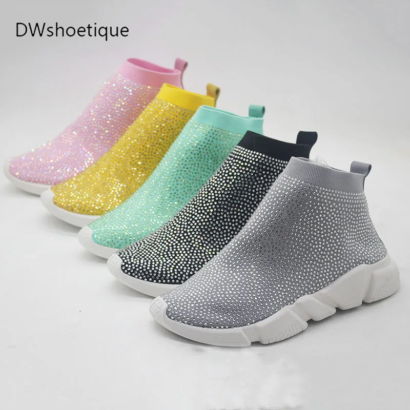 Новинка блестящие вязаные женские кроссовки с острым носком обувь без шнуровки