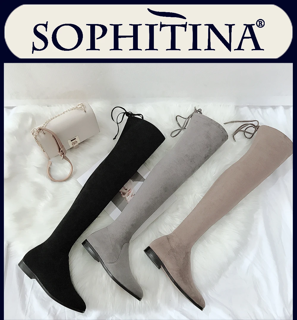 SOPHITINA/Ботфорты женские модные. Cтильные женские сапоги из натуральной замши и качественнострейчевой замши. Повседневная обувь на низком каблуке с круглым носком. Зимние женские сапоги с молниями до середины. SO204