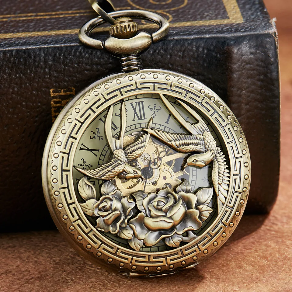 

Hollow Bronze Unique Birds Flower Sculpture Mechanical Pocket Watch Retro Lucky Symbol Skeleton Mechanical Pocket Watches Chains