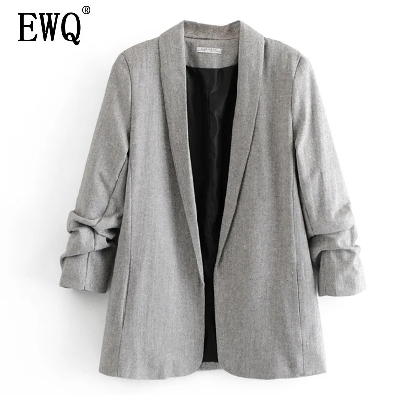 Женская куртка с длинным рукавом EWQ однотонная свободного кроя серого цвета