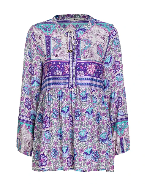 Everkaki Boho Gypsy блузка с принтом, женские топы, хлопок, пуговицы, рукав-фонарик, шея, завязанная, сиреневая, богемная блузка, женская,, весна, Новинка