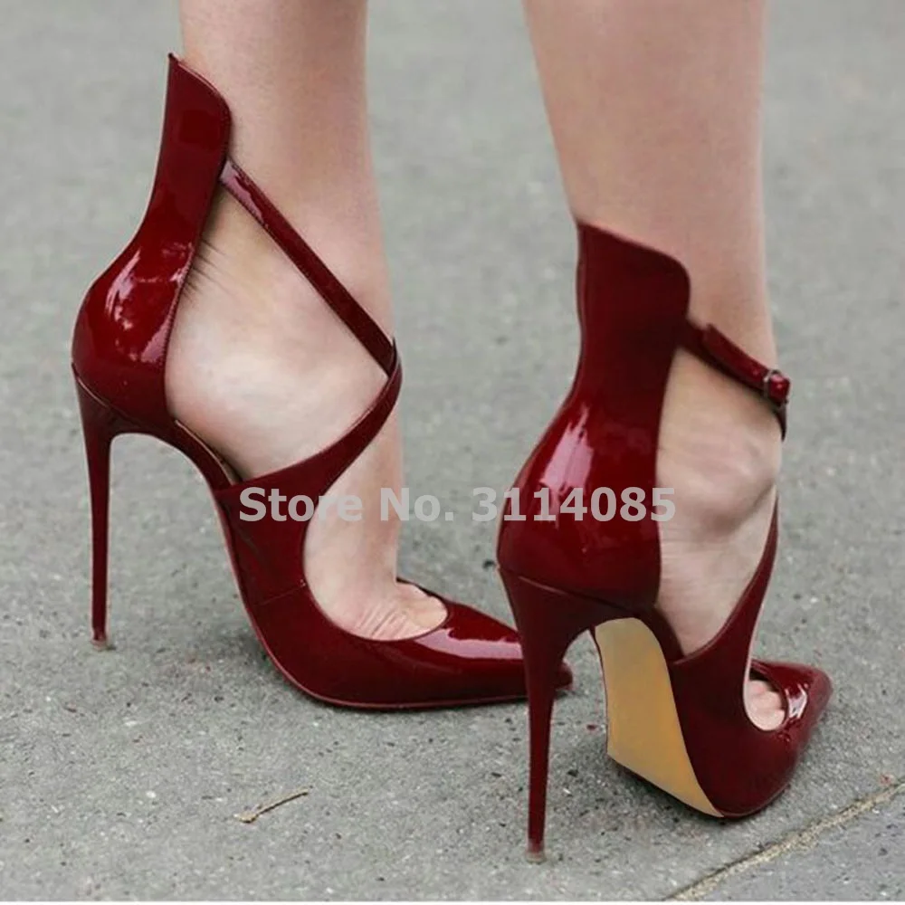 

Women Spring Fall Gorgeous Wine Red Patent Leather Pointed Toe Heels Cross Strap Dress Shoes Burgundy Wedding Shoes Dropship